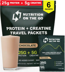 Nutrition On The Go whey protein isolate packets packaging for travel-ready fueling.