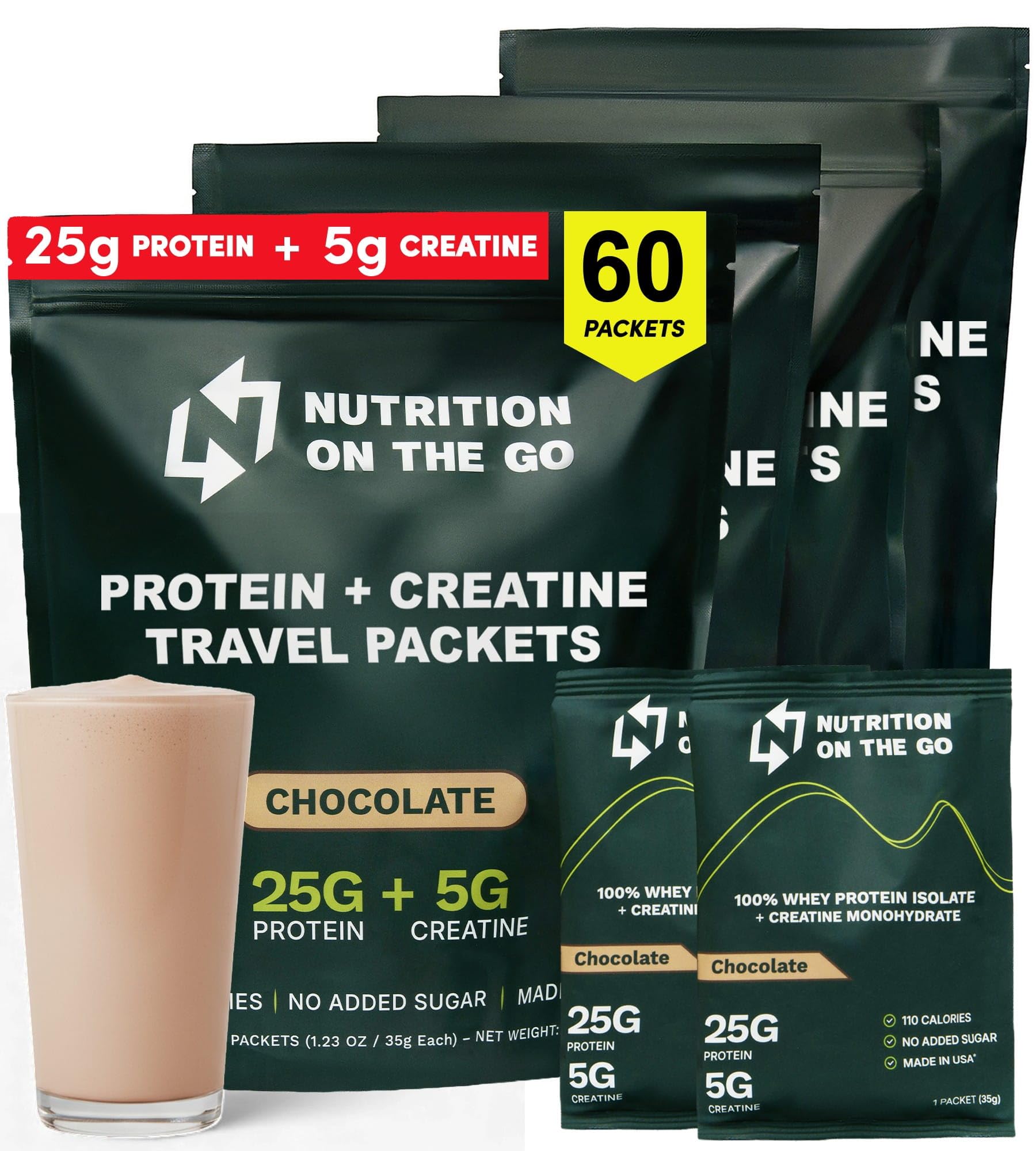 Nutrition On The Go chocolate whey protein packet, travel-ready for on-the-go protein.