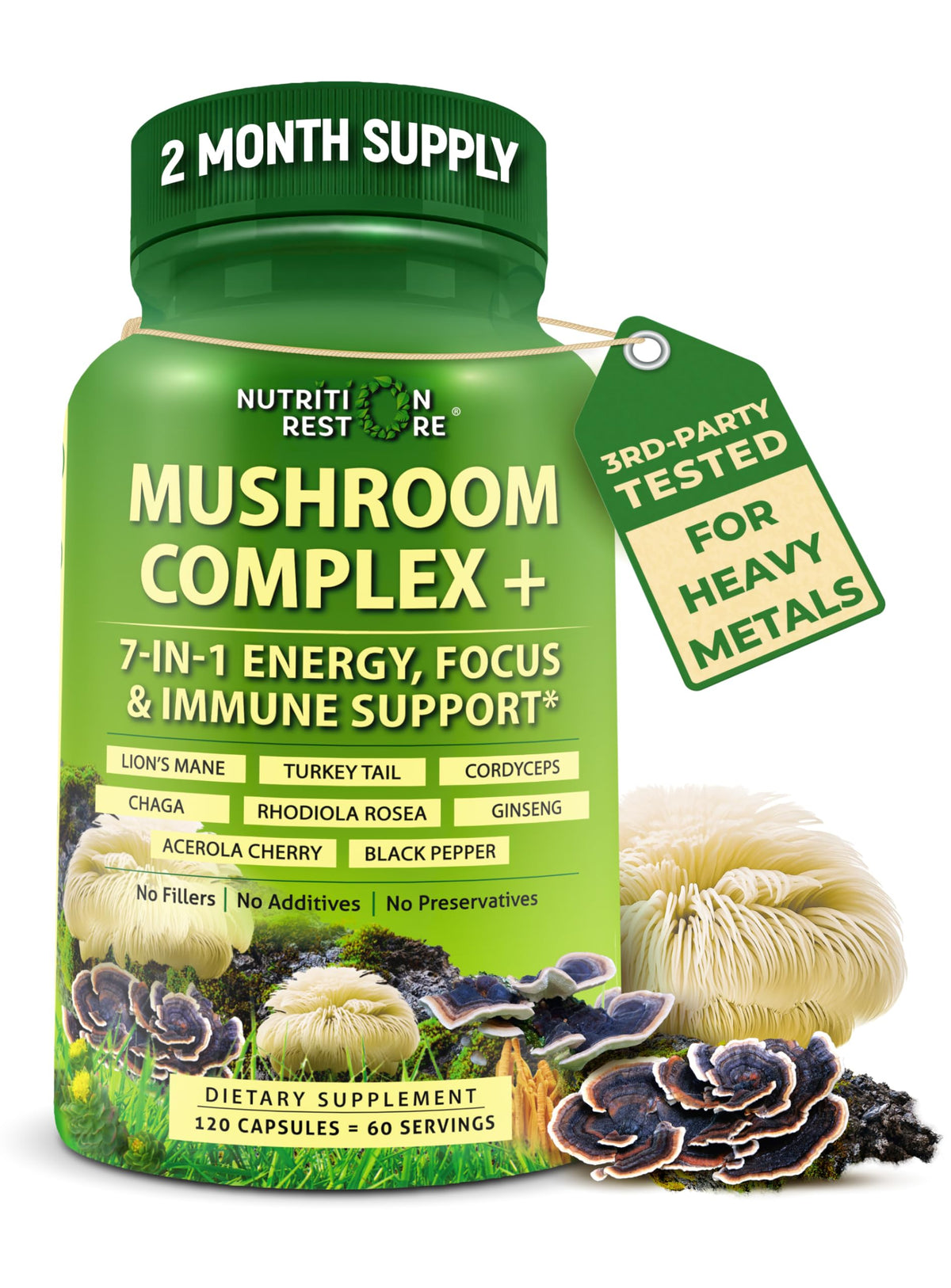 Nutrition Restore Organic Mushroom Complex bottle front shows easy daily capsules for energy and immune support.