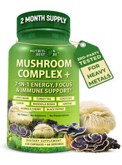 Nutrition Restore Organic Mushroom Complex bottle front shows easy daily capsules for energy and immune support.