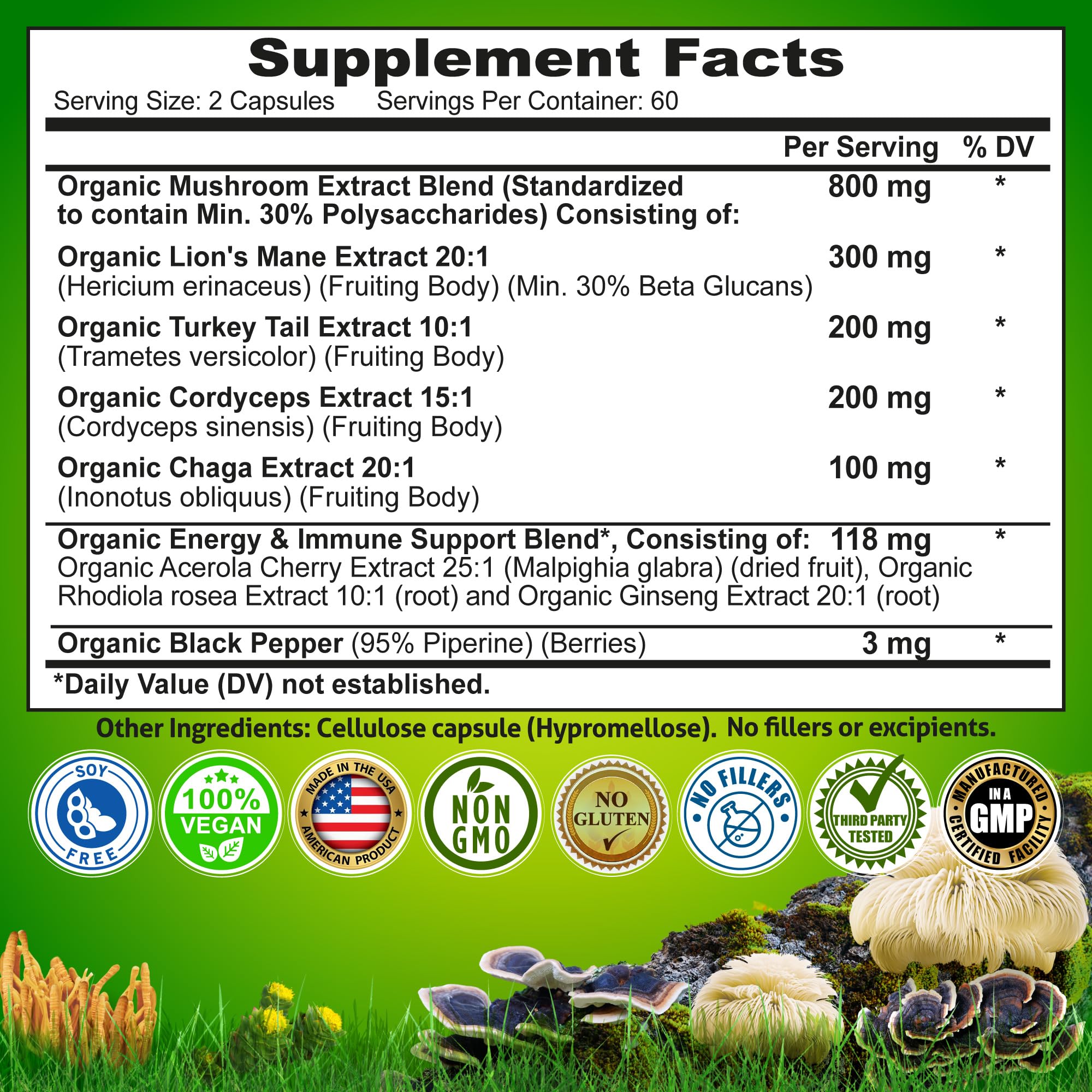 Nutrition Restore Organic Mushroom Complex bottle pour illustrates convenient daily dosing.