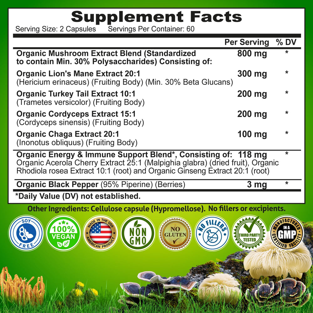 Nutrition Restore Organic Mushroom Complex bottle pour illustrates convenient daily dosing.