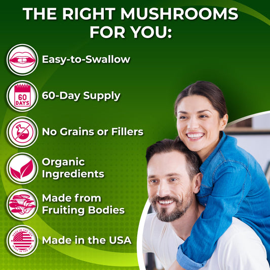 Nutrition Restore Organic Mushroom Complex capsules close-up, demonstrating easy swallow formula.