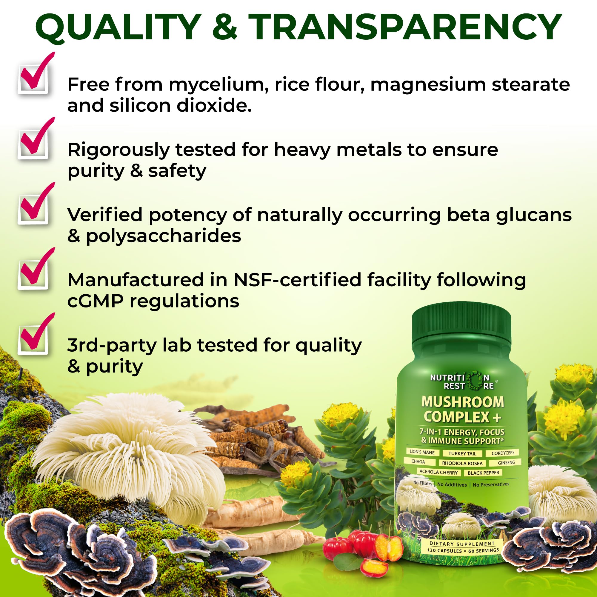 Nutrition Restore Organic Mushroom Complex Turkey Tail extract close-up emphasizes immune-friendly blend.