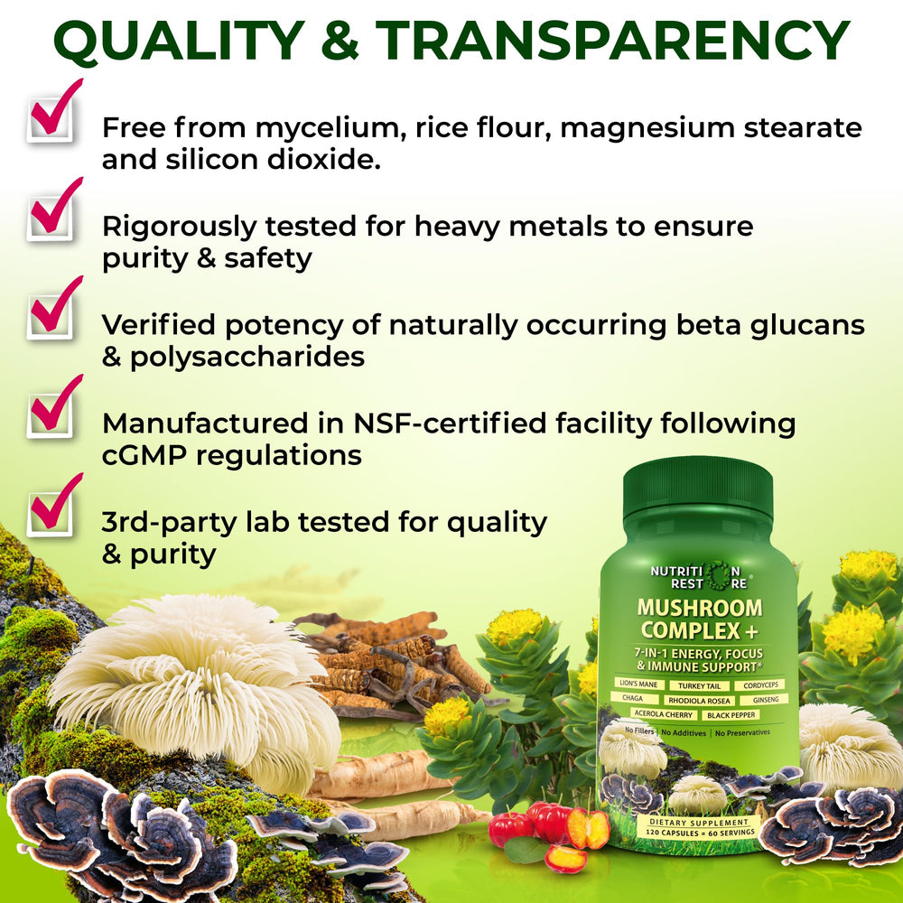 Nutrition Restore Organic Mushroom Complex Turkey Tail extract close-up emphasizes immune-friendly blend.