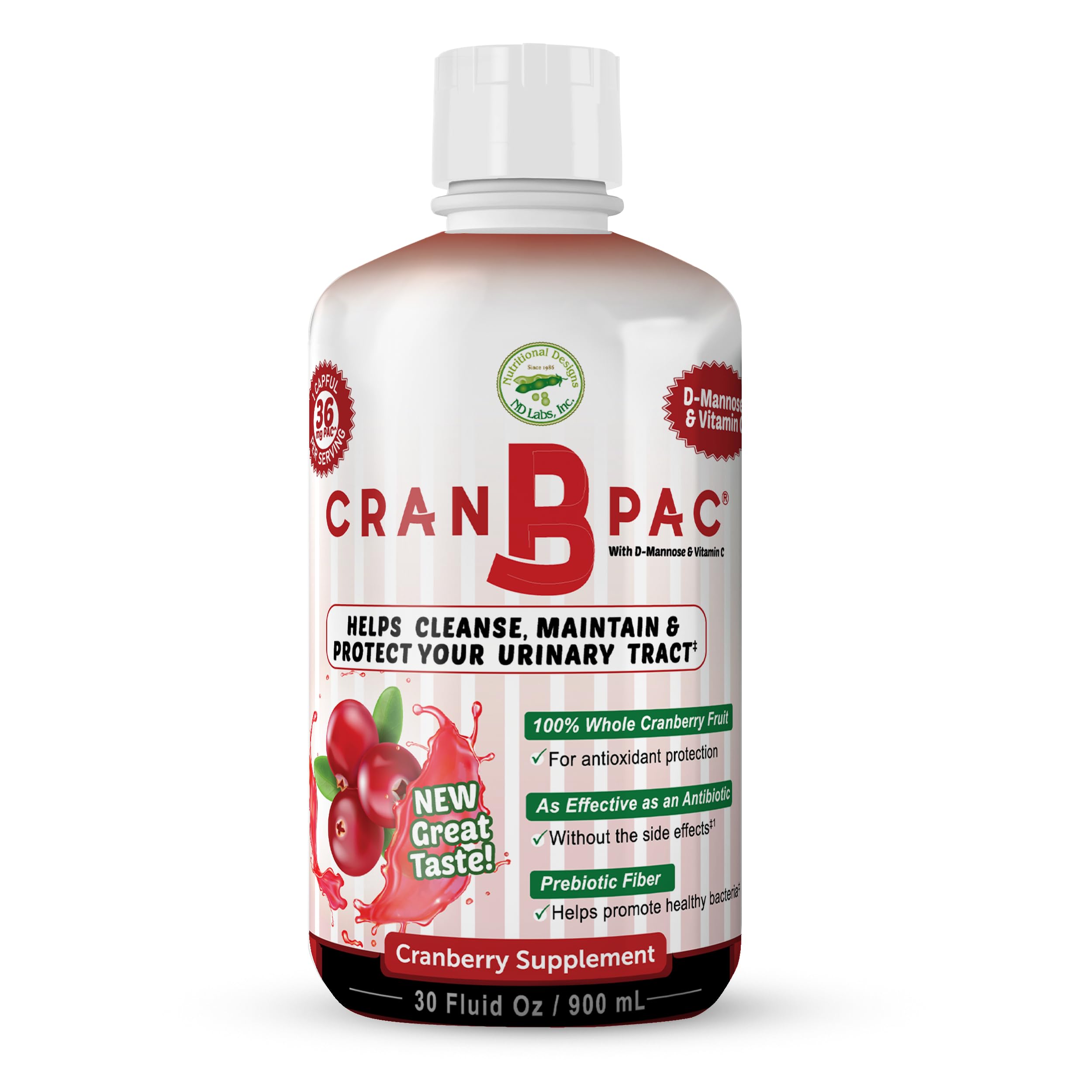 Nutritional Designs Cran-B-PAC cranberry liquid bottle close-up for potential urinary health support