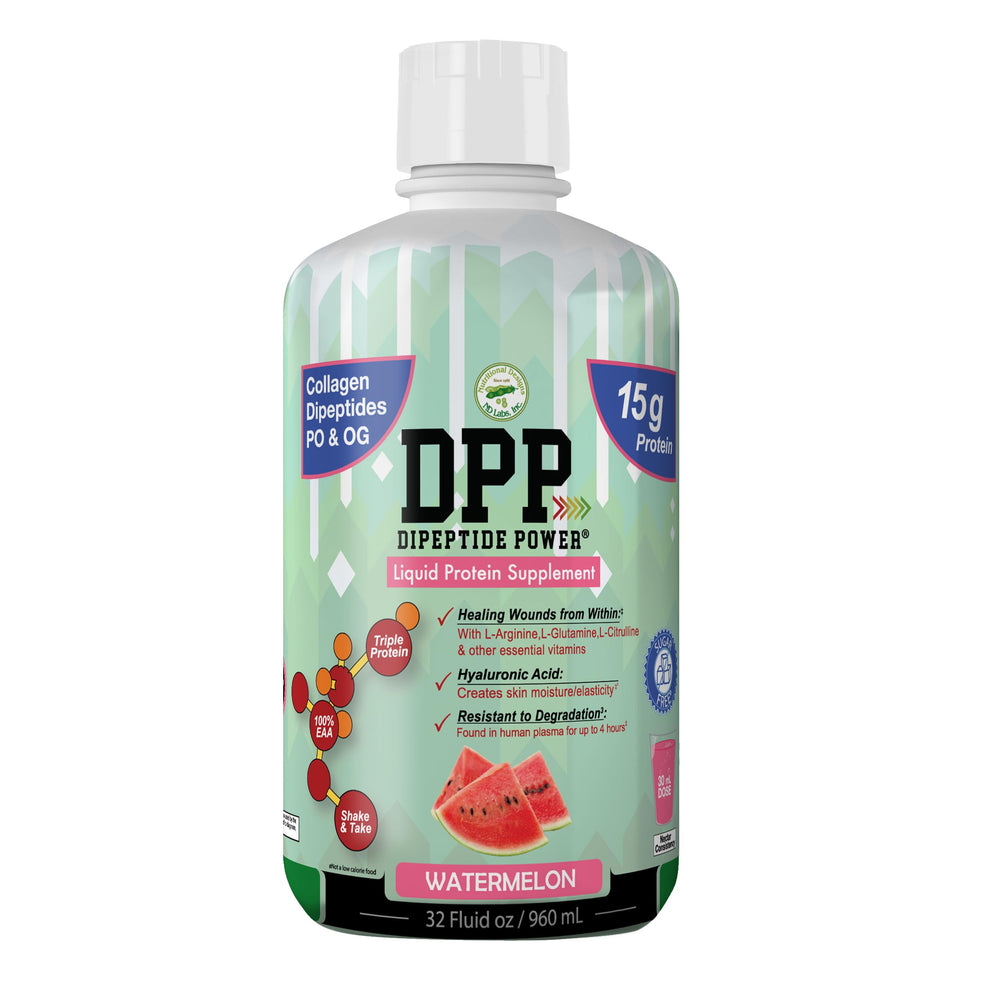 Nutritional Designs DPP Dipeptide bottle pour highlights sugar-free daily hydration.