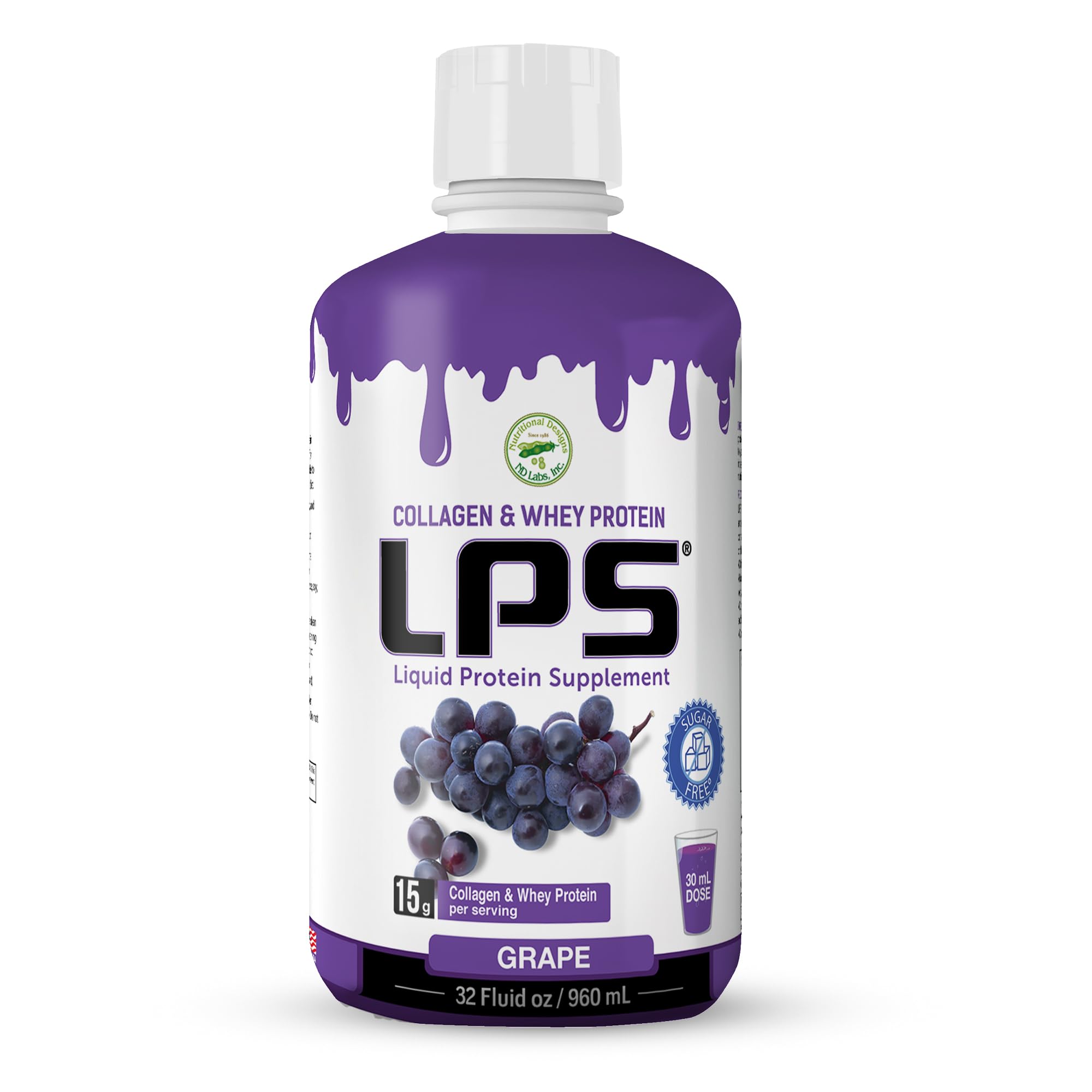 Nutritional Designs LPS bottle pour with grape flavor for convenient protein intake.