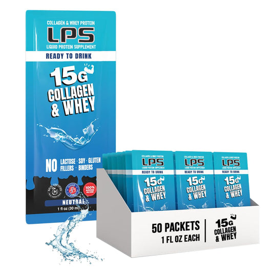 Nutritional Designs LPS bottle shows sugar-free, non-GMO liquid collagen and whey for on-the-go recovery and beauty support.