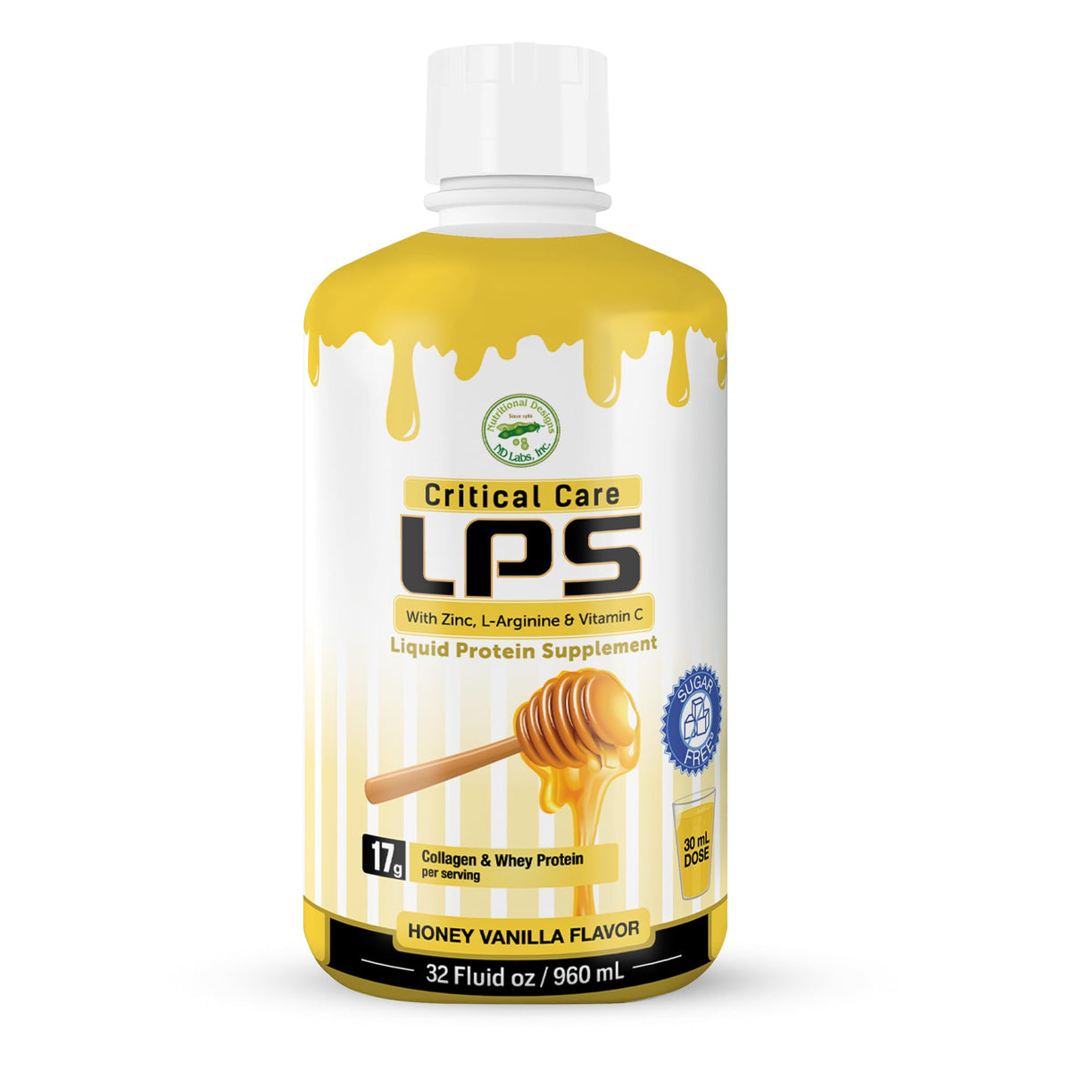 Nutritional Designs LPS bottle showing the protein-rich liquid for daily support.