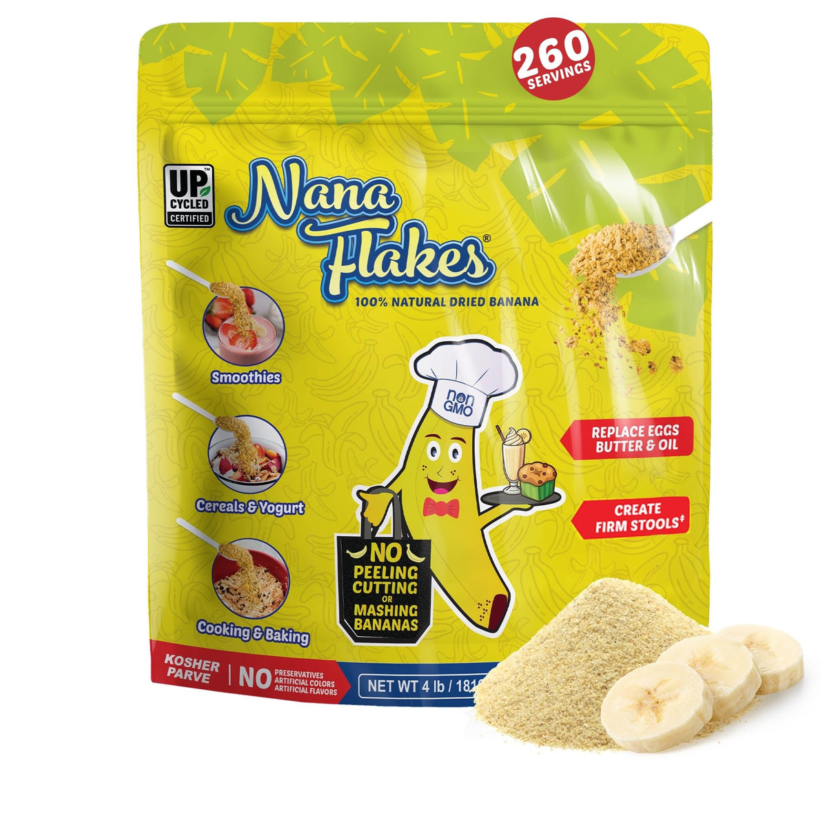 Nutritional Designs Nana Flakes 4 lb bag with resealable seal for long-lasting freshness