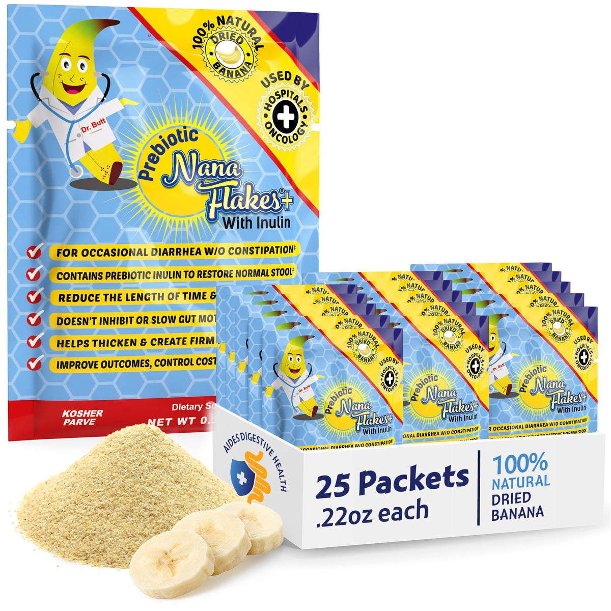 Nutritional Designs Nana Flakes pack close-up for convenient prebiotic banana fiber.