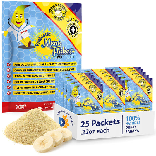 Nutritional Designs Nana Flakes pack close-up for convenient prebiotic banana fiber.