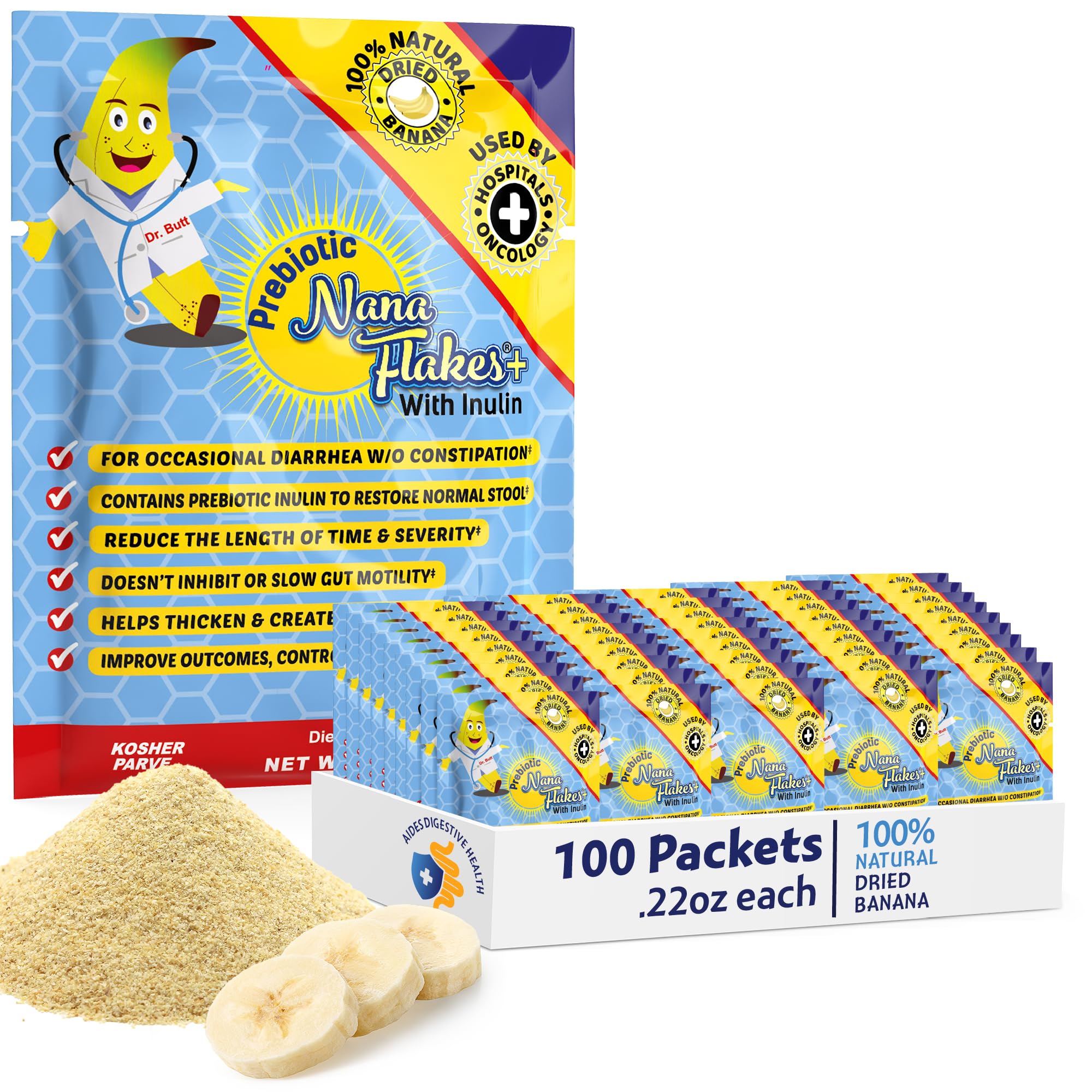 Nutritional Designs Nana Flakes packaging shown as an easy daily fiber option.