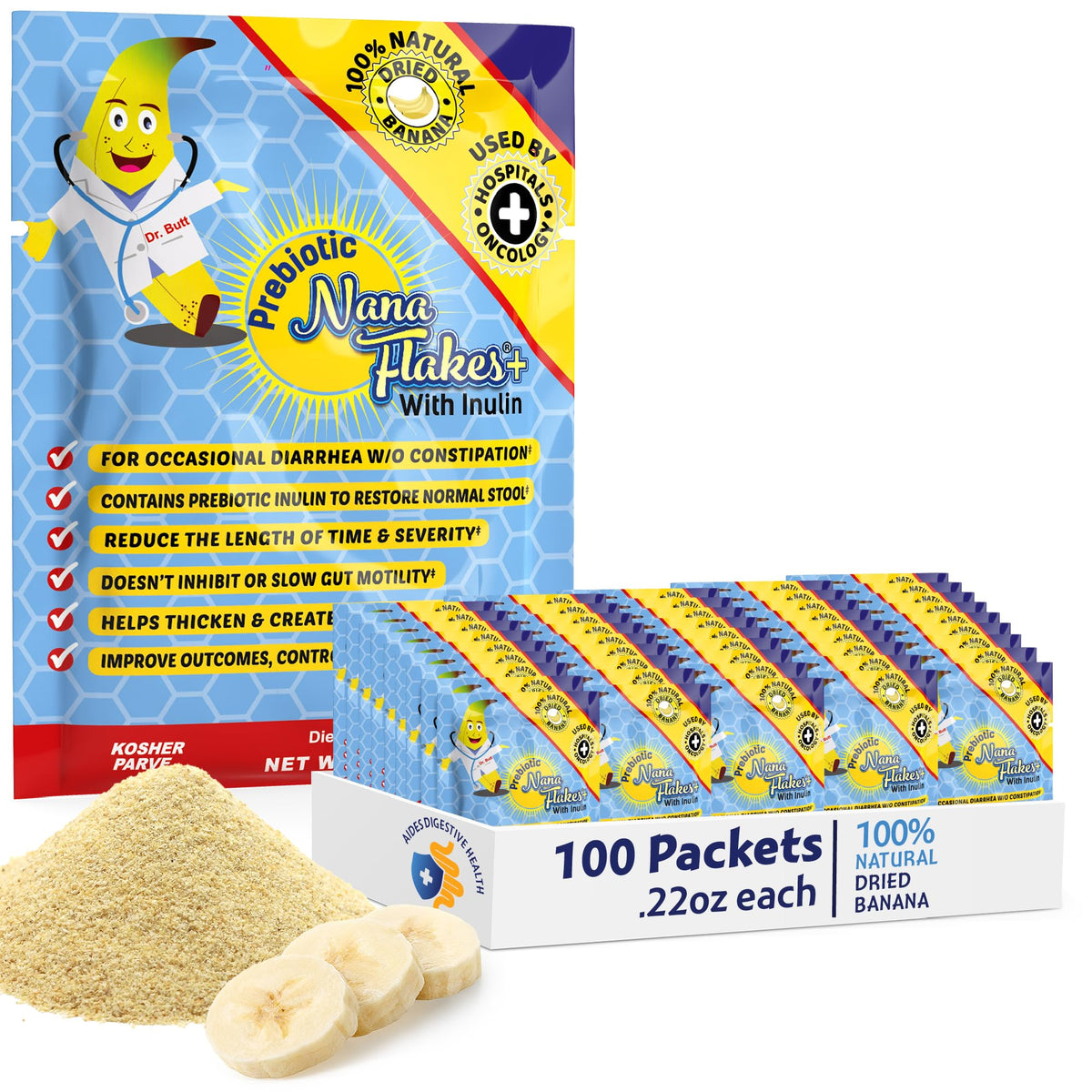 Nutritional Designs Nana Flakes packaging shown as an easy daily fiber option.