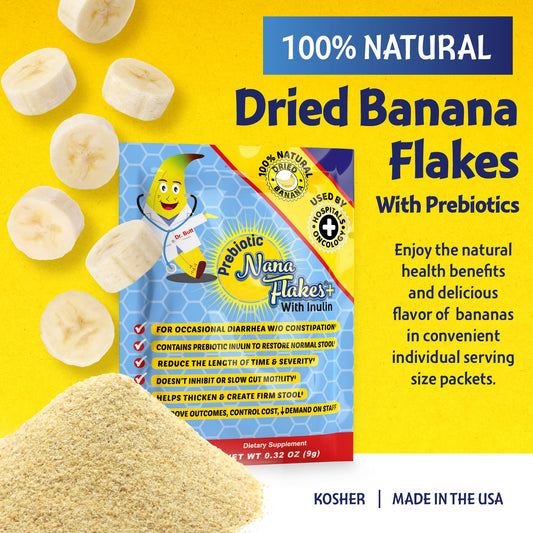Nutritional Designs Nana Flakes powder closeup with pure banana flakes and prebiotics.