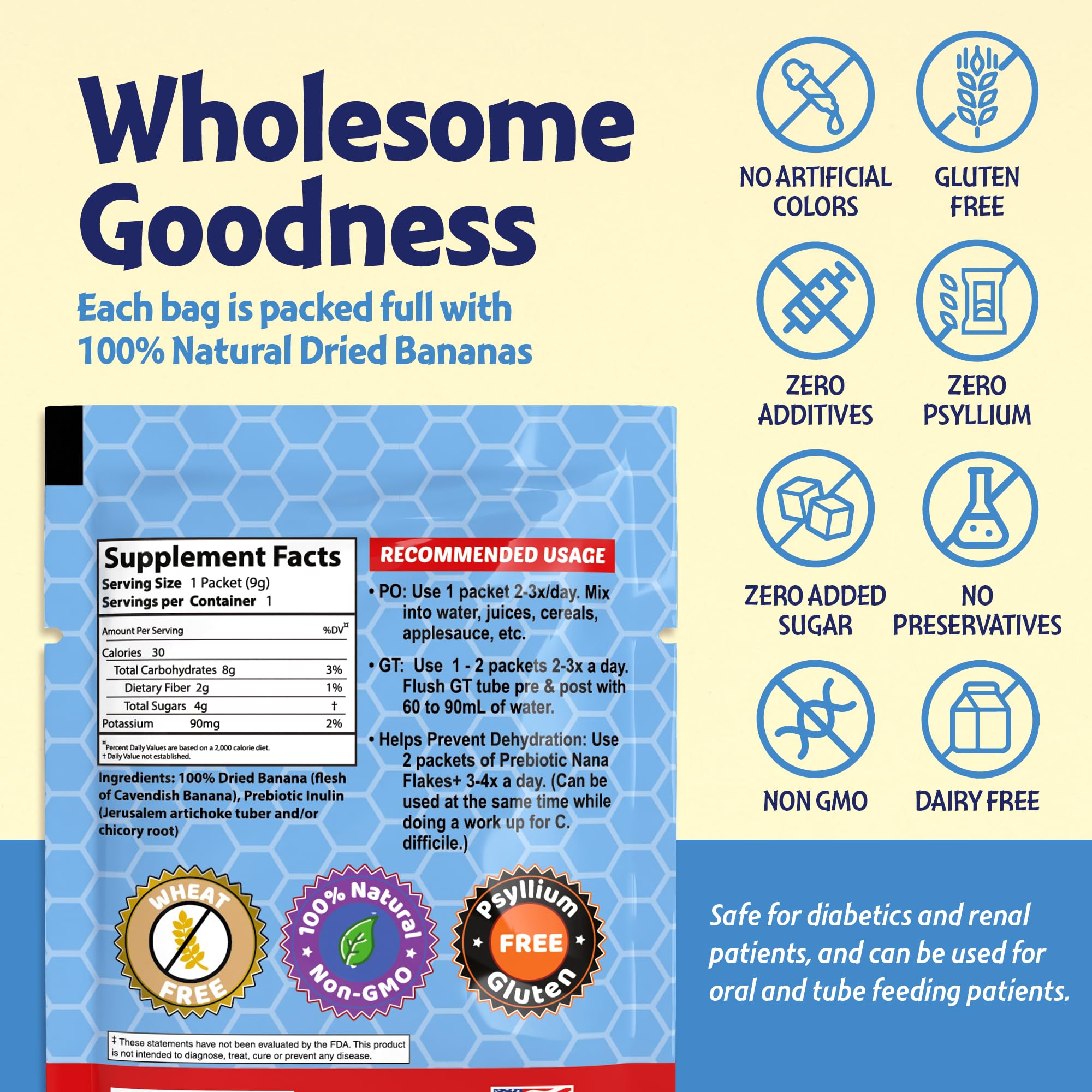 Nutritional Designs Nana Flakes vegan-friendly dairy-free label on packaging.