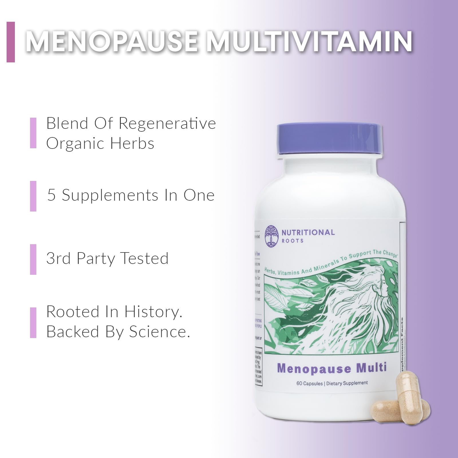 Nutritional Roots fermented vitamins label emphasizing gentle absorption.