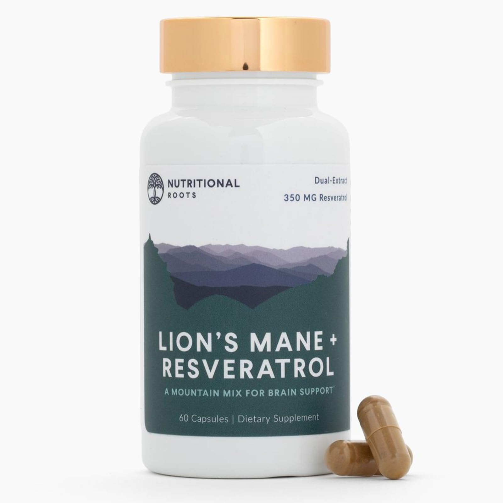 Nutritional Roots Lion's Mane + Resveratrol bottle close-up highlighting brain health support.