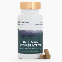 Nutritional Roots Lion's Mane + Resveratrol bottle close-up highlighting brain health support.