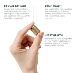 Ingredient chart showing 800mg Lion's Mane and 350mg trans-resveratrol per serving.