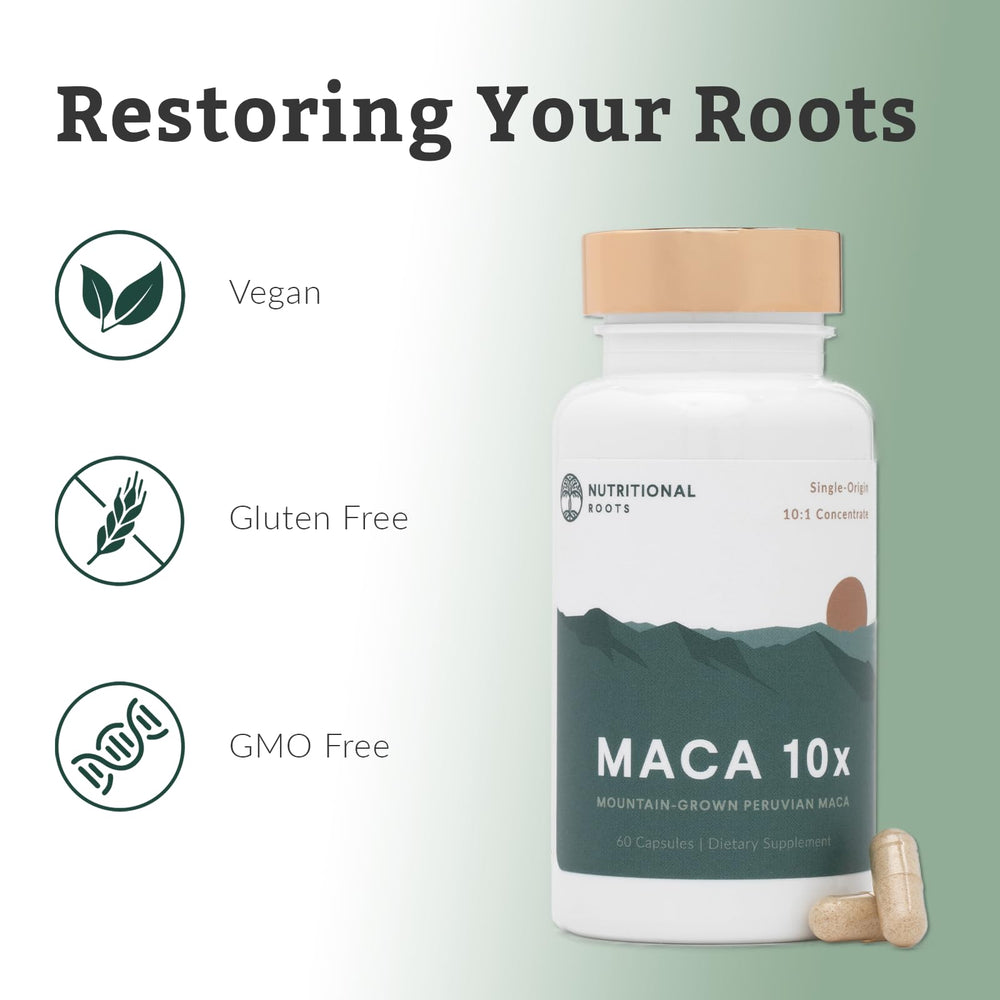 Nutritional Roots Maca 10x origin from the Andes emphasizes authenticity.