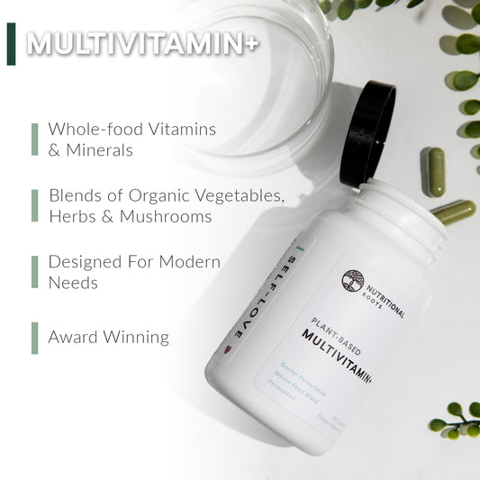 Nutritional Roots Multivitamin+ label closeup shows organic ingredients and fermentation