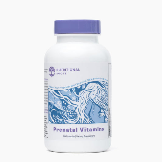 Nutritional Roots Prenatal DHA bottle shows whole-food vitamins for pregnancy support.