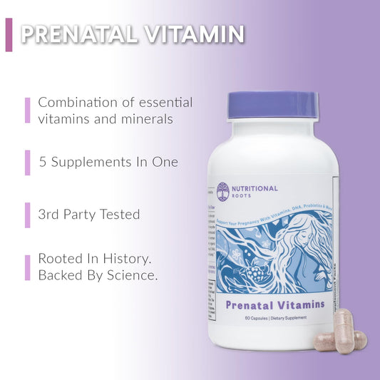 Nutritional Roots Prenatal DHA label highlights folate, choline, and probiotics.
