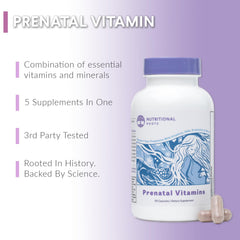 Nutritional Roots Prenatal DHA label highlights folate, choline, and probiotics.