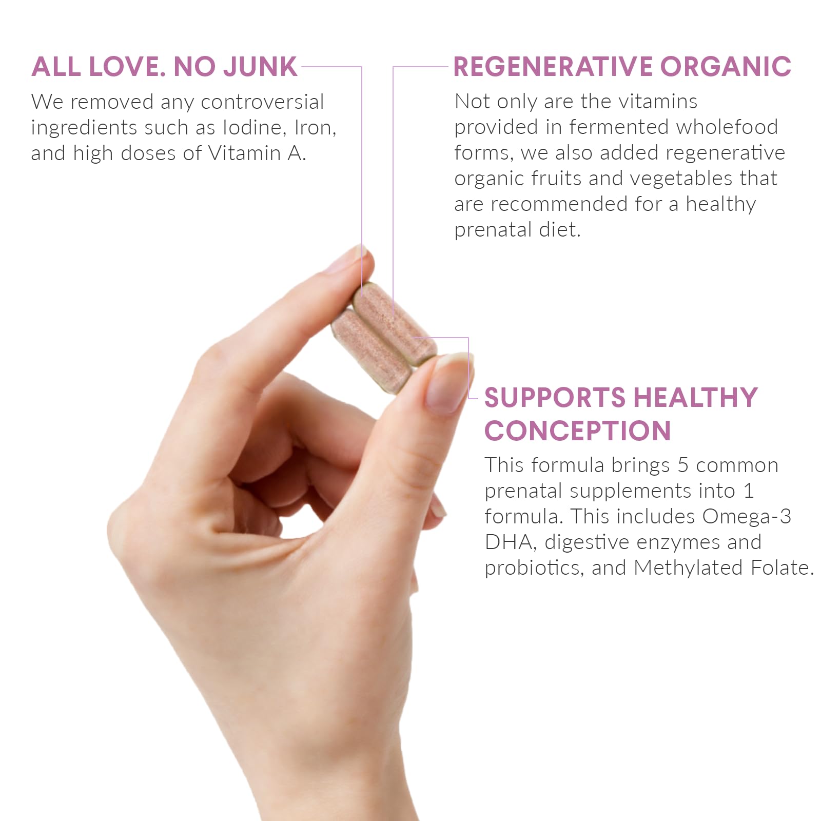 Nutritional Roots prenatal DHA illustration emphasizes probiotics and easy digestion.