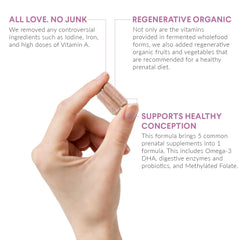 Nutritional Roots prenatal DHA illustration emphasizes probiotics and easy digestion.