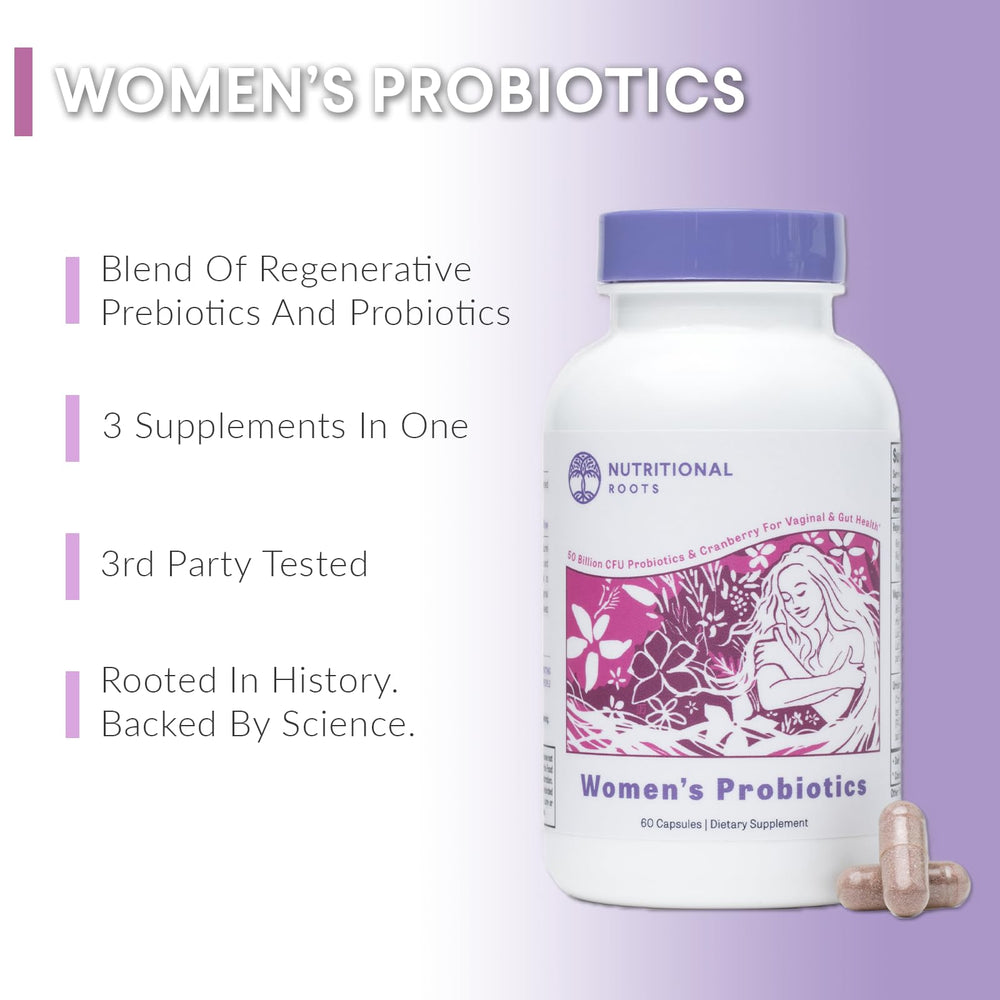 Nutritional Roots Women's Probiotics bottle back notes on probiotic strains and organic prebiotic blend.
