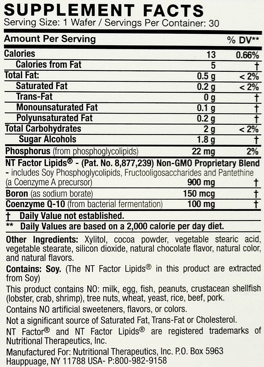 Nutritional Therapeutics NT Factor CoQ10 100 mg chocolate chewable wafer, packaging view, sugar-free vitality