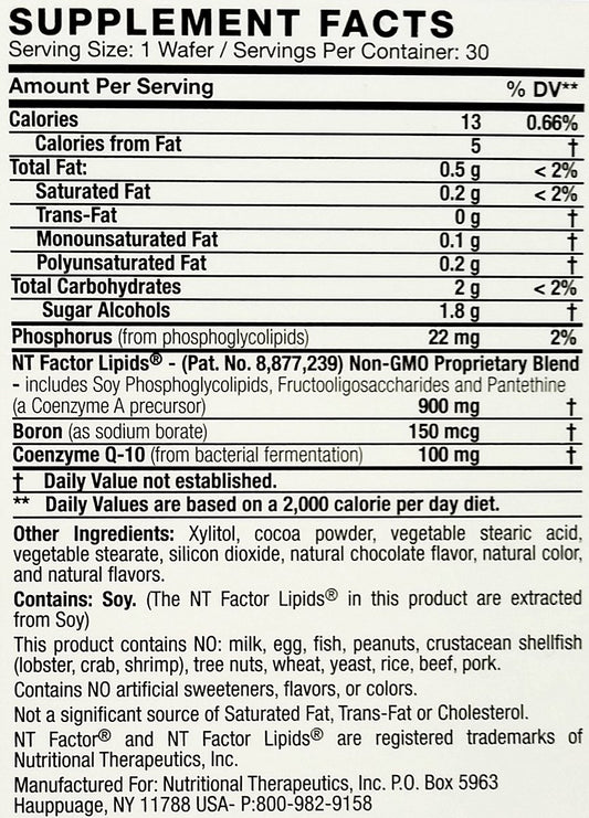 Nutritional Therapeutics NT Factor CoQ10 100 mg chocolate chewable wafer, packaging view, sugar-free vitality