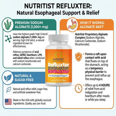 Nutritist Refluxter label information: ingredients include sodium alginate, calcium carbonate, and sodium bicarbonate