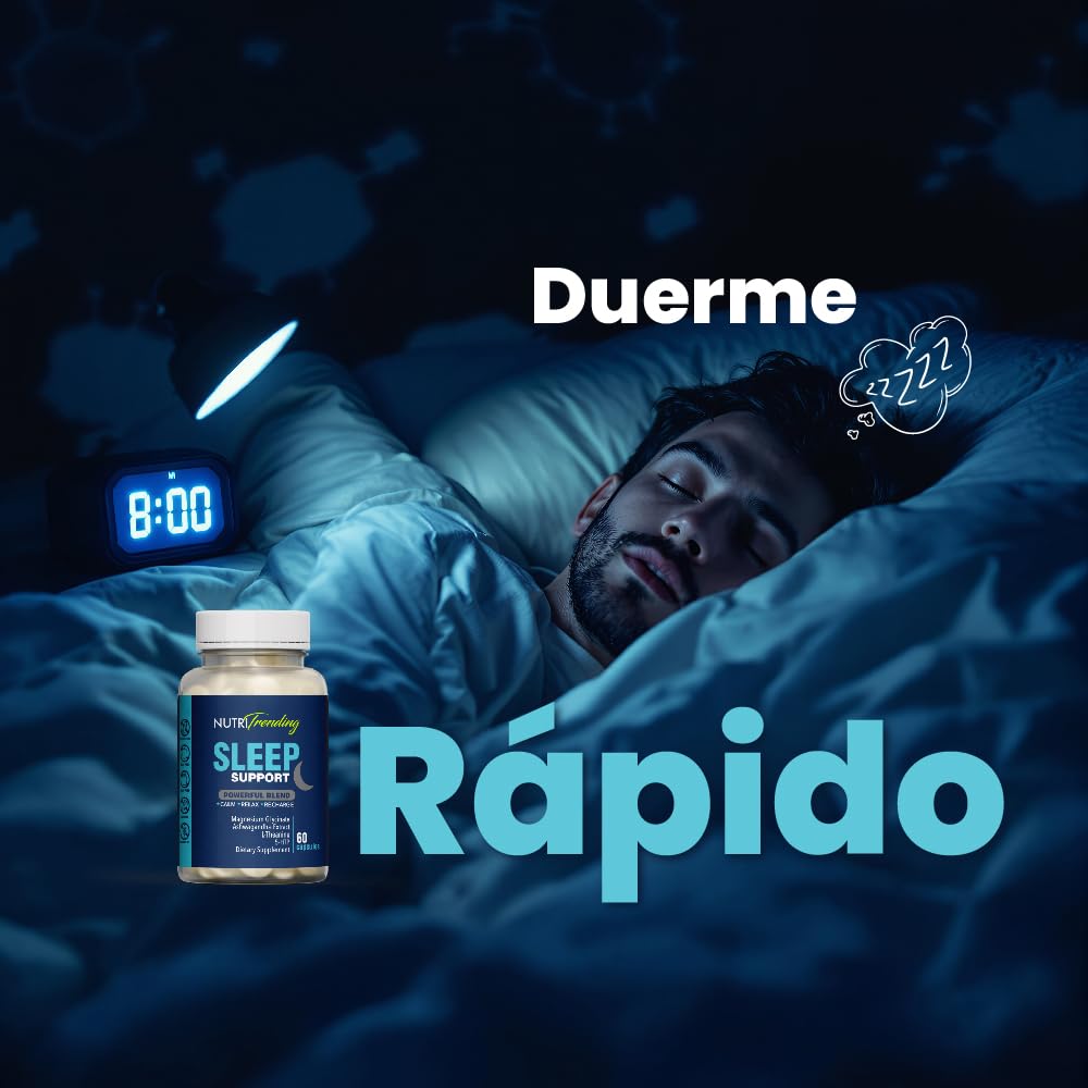 Close-up of NutrTrending Sleep Support capsules with calming ingredients.