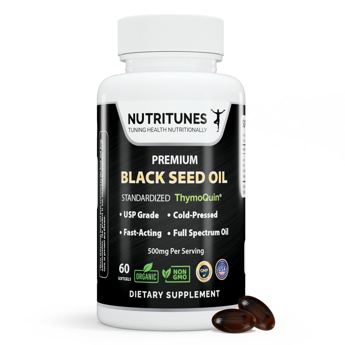 Nutritunes black seed oil bottle showing organic, full-spectrum nutrition for daily wellness