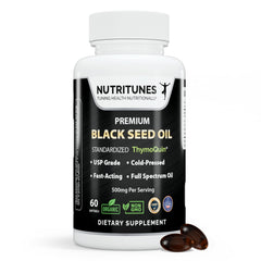Nutritunes black seed oil bottle showing organic, full-spectrum nutrition for daily wellness