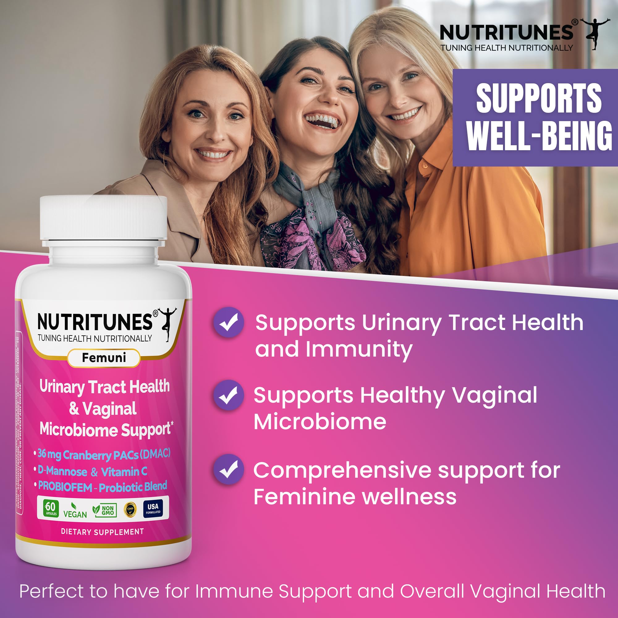 Nutritunes Femuni UTH probiotic blend capsules supporting vaginal balance