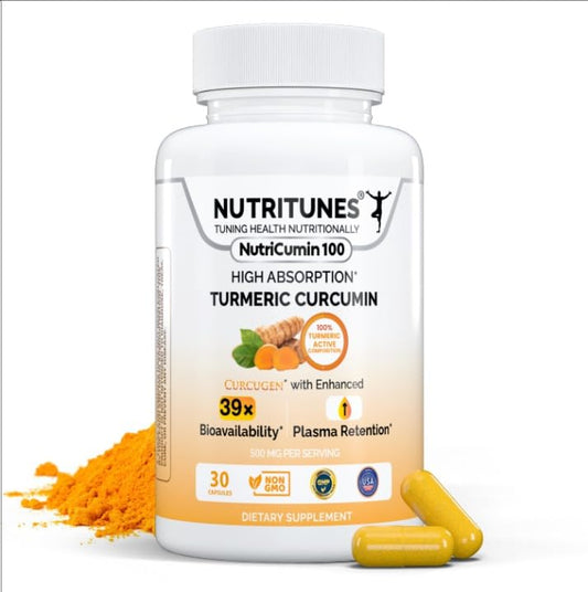 Nutritunes High-Absorption Turmeric bottle shows 500 mg full-spectrum capsules for daily wellness.