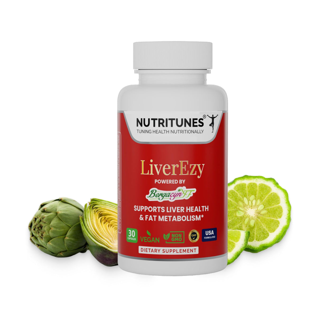 Nutritunes LiverEzy bottle top view showing easy daily liver support capsules.