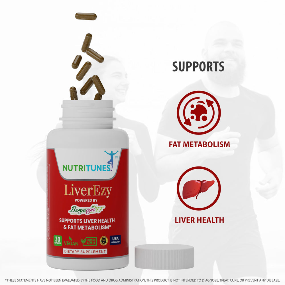 Nutritunes LiverEzy vegan cap label emphasizes allergen-free ingredients.