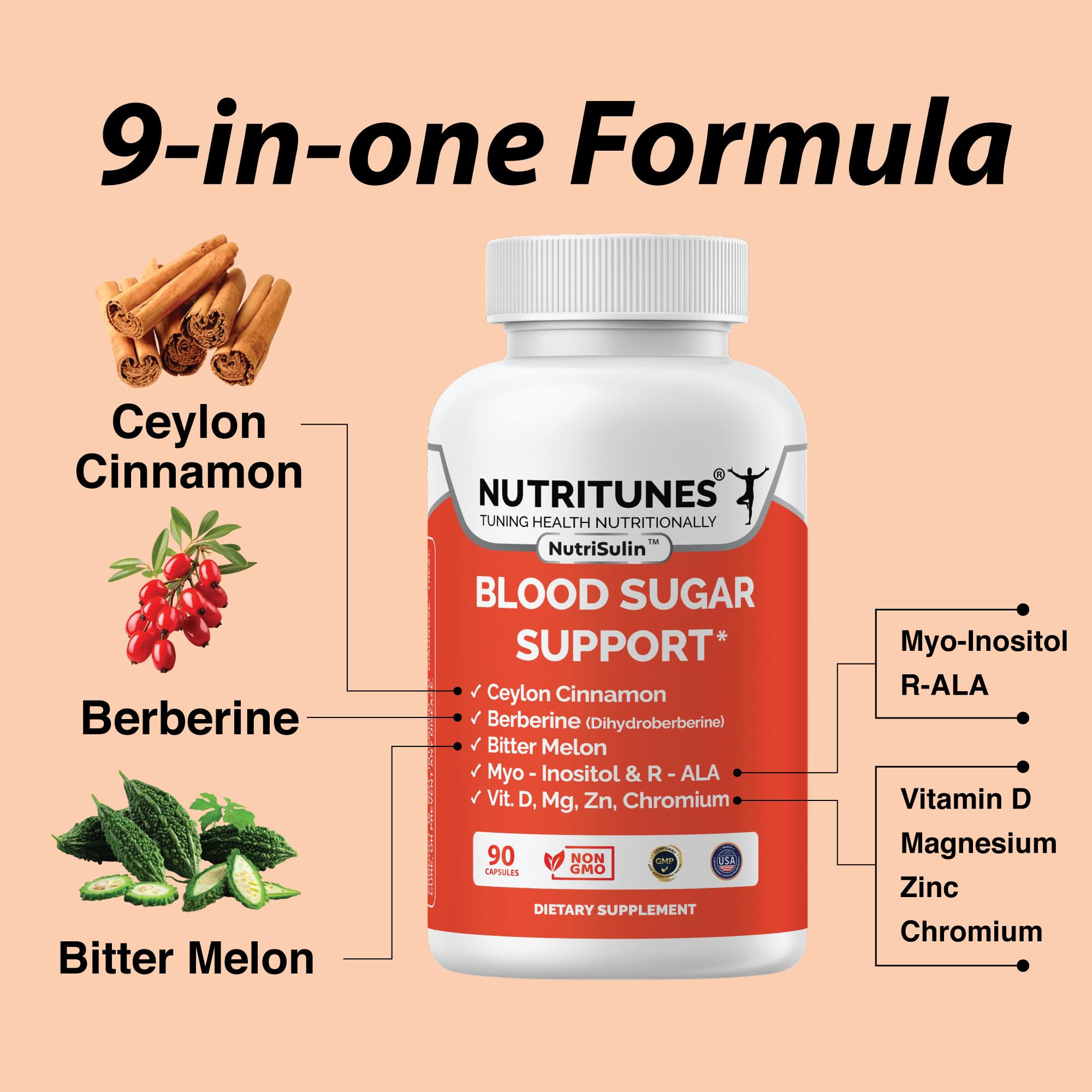 Nutritunes NutriSulin capsules close-up highlighting berberine and cinnamon blend for metabolism.