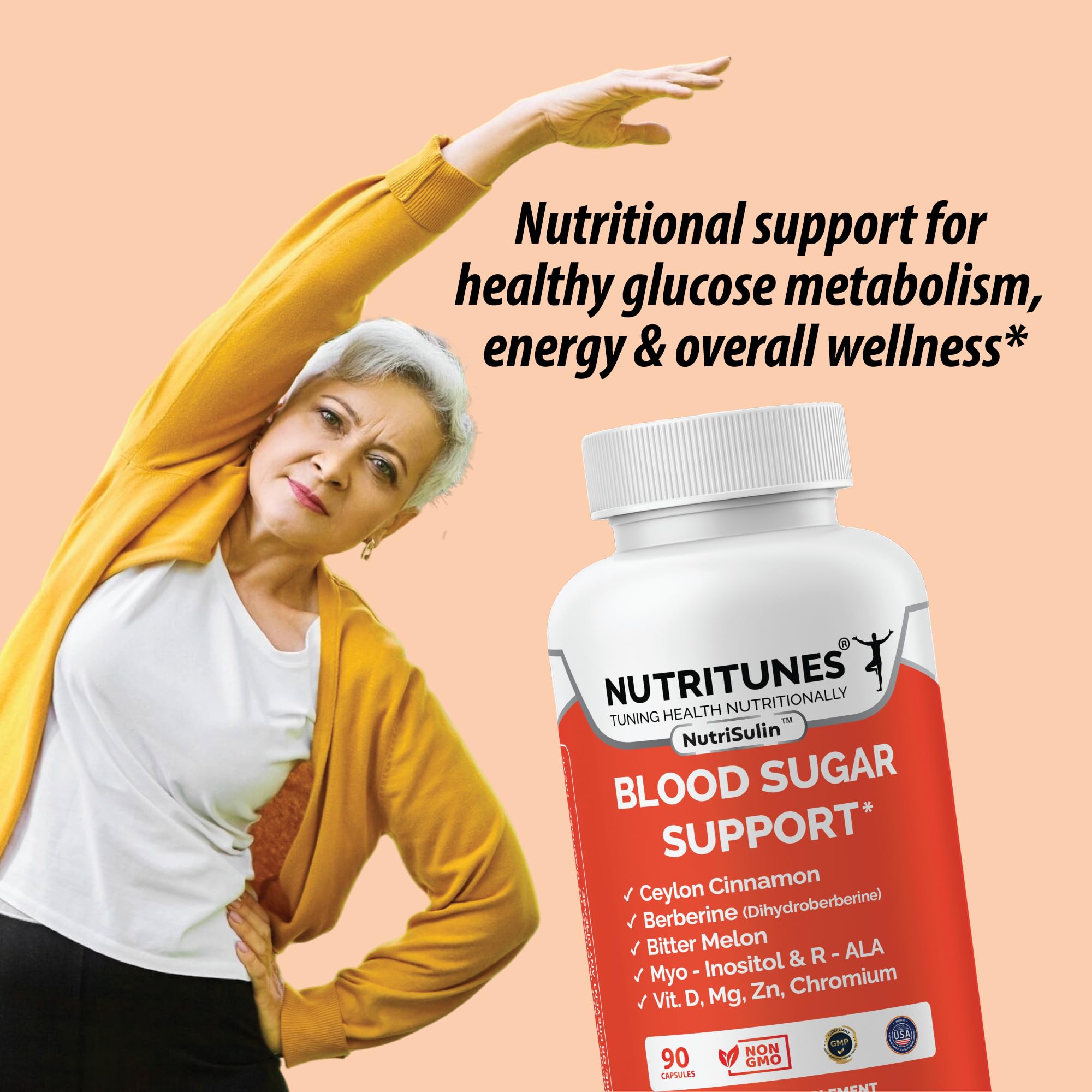 Nutritunes r-ALA vitamin D3 chromium zinc blend caplets for energy and metabolism.