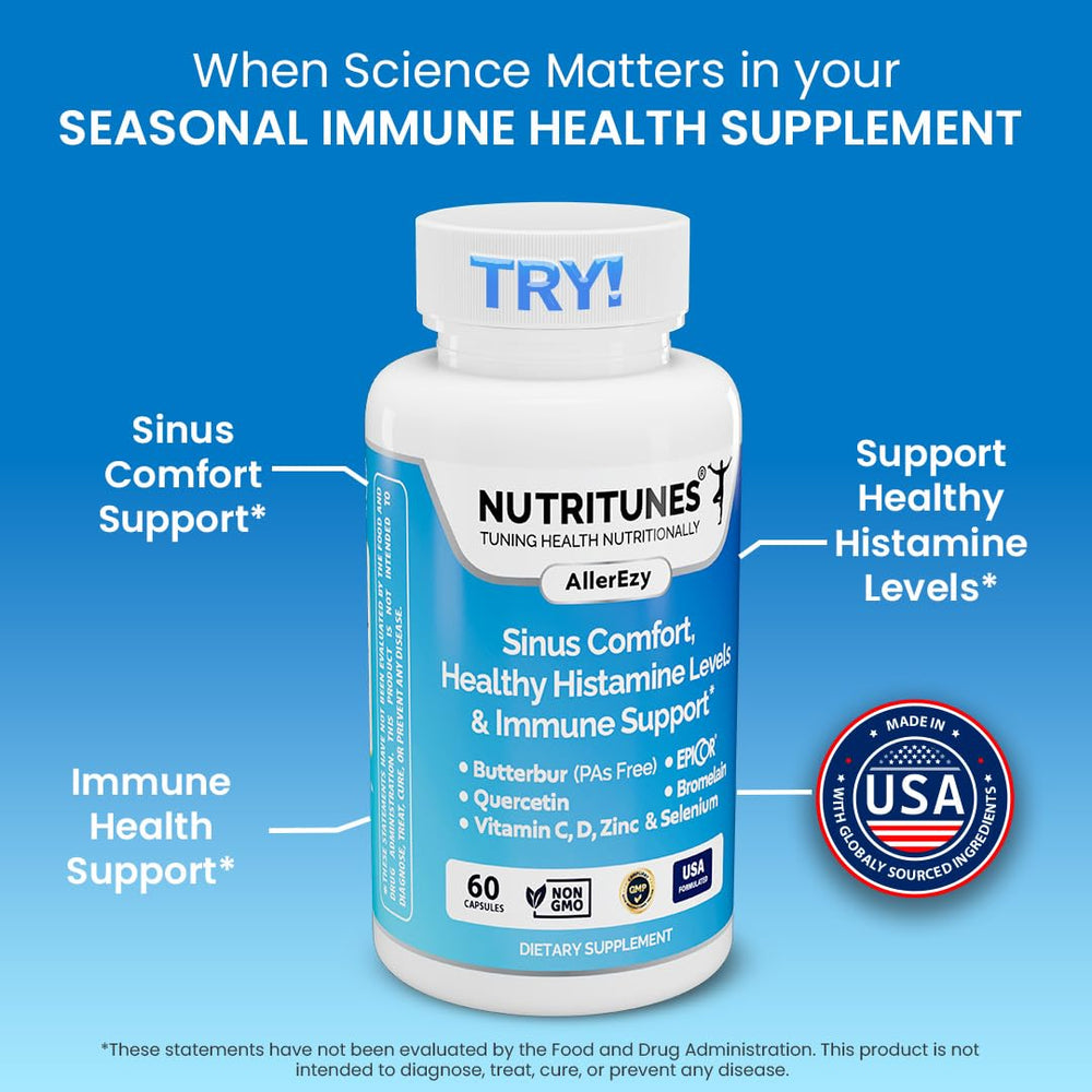Nutritunes bottle label highlights PA-free butterbur and ingredients.