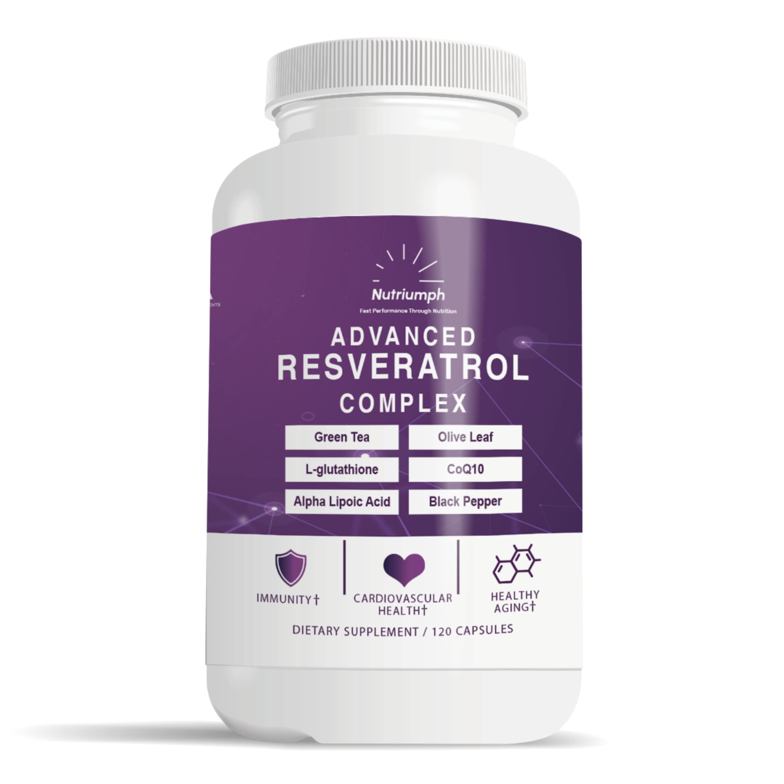 Nutriumph Advanced Resveratrol Complex bottle showing antioxidant capsules for daily wellness.
