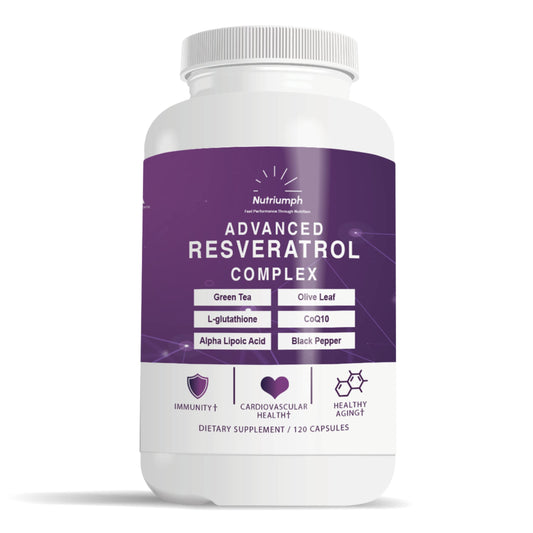 Nutriumph Advanced Resveratrol Complex bottle showing antioxidant capsules for daily wellness.