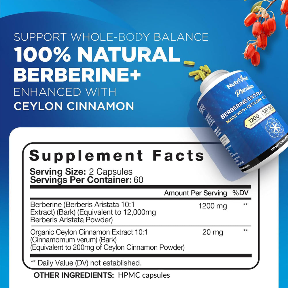 Nutrivein berberine cinnamon capsules close-up for convenient daily supplementation.
