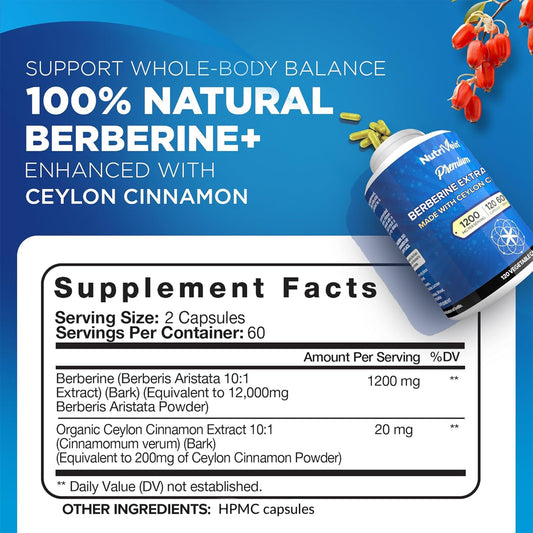 Nutrivein berberine cinnamon capsules close-up for convenient daily supplementation.